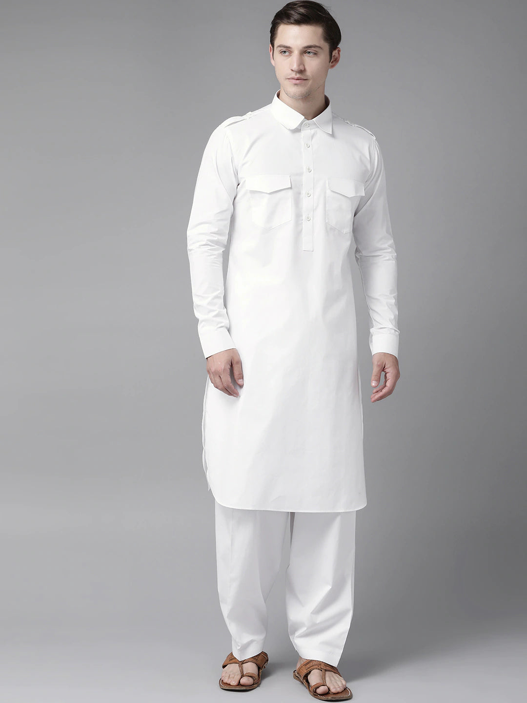 Men White Pathani Kurta with Salwar See Designs