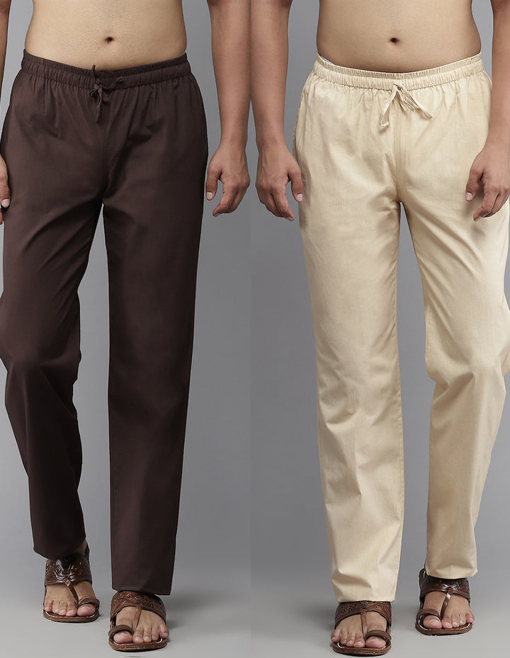 Combo Pack of 2: Deep Brown & Beige Solid Cotton Pyjamas