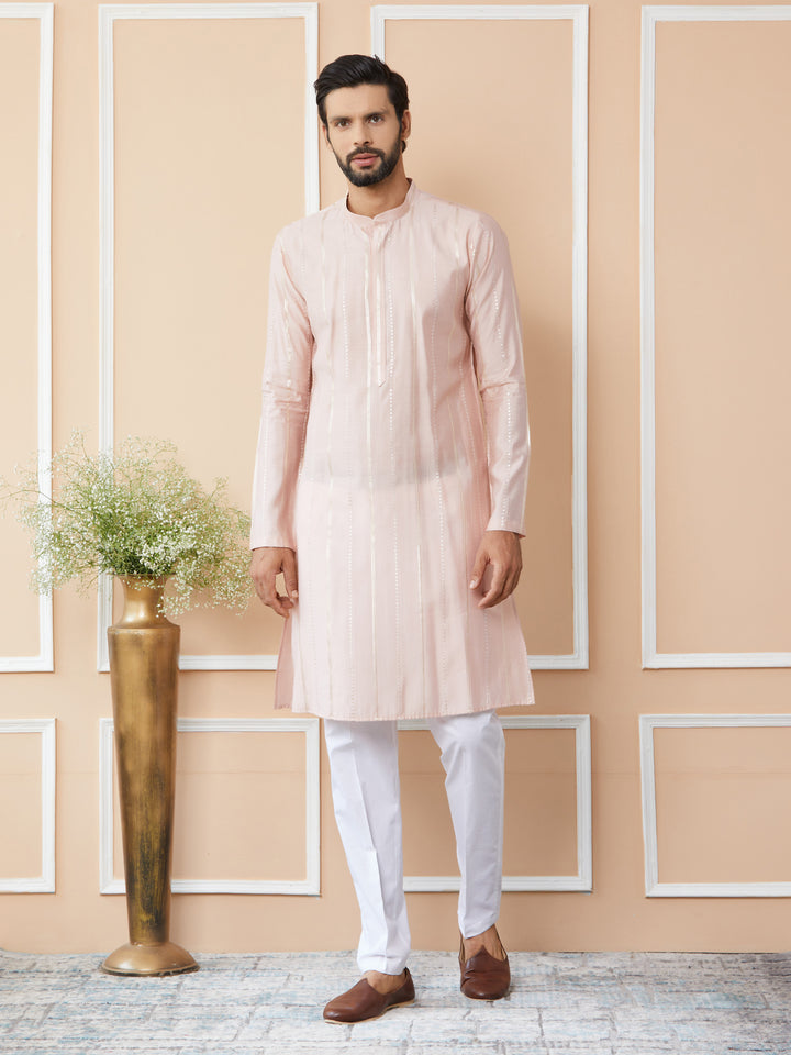 Light Pink Sequins Embroidered Pure Chanderi Silk Straight Kurta