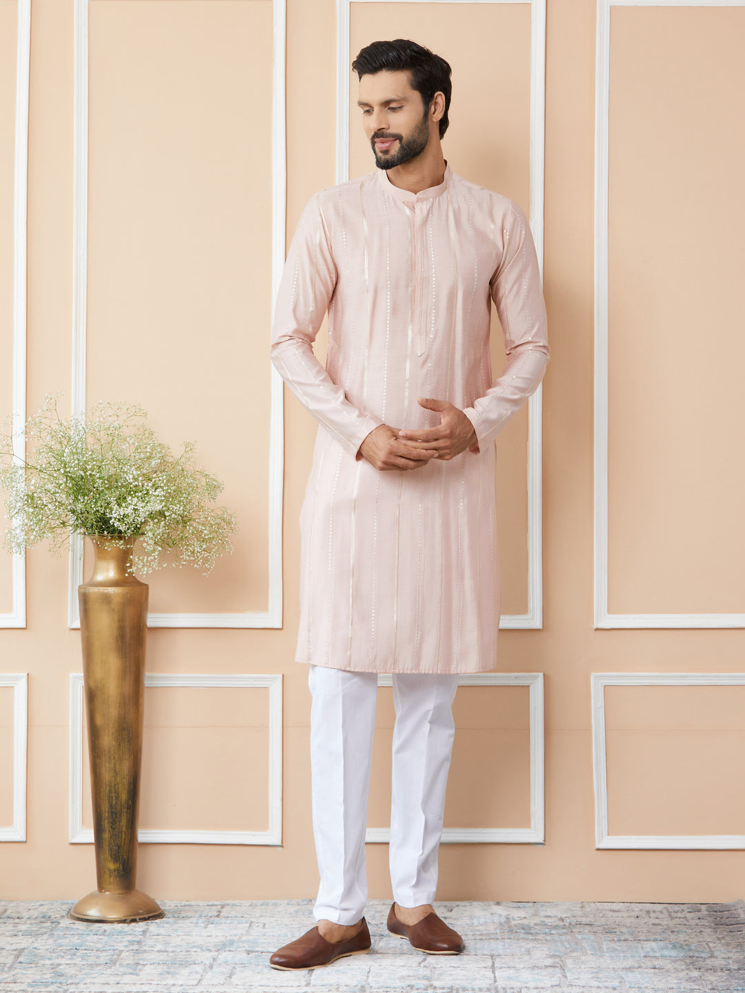 Light Pink Sequins Embroidered Pure Chanderi Silk Straight Kurta