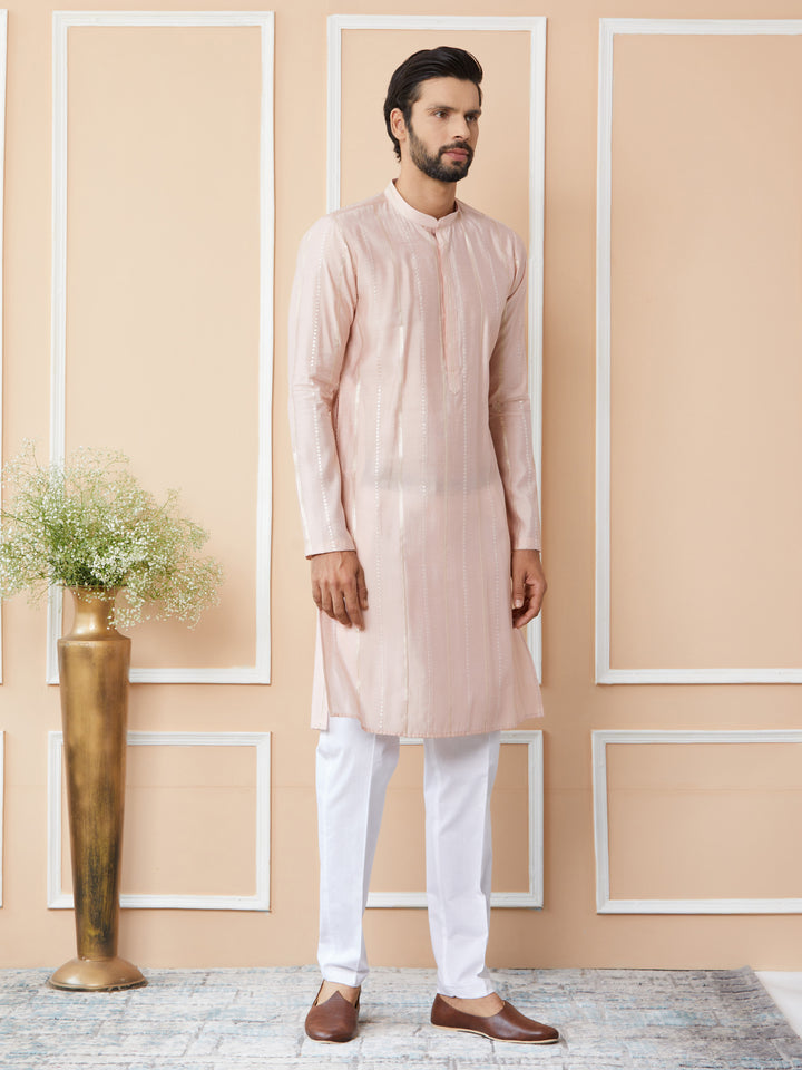 Light Pink Sequins Embroidered Pure Chanderi Silk Straight Kurta