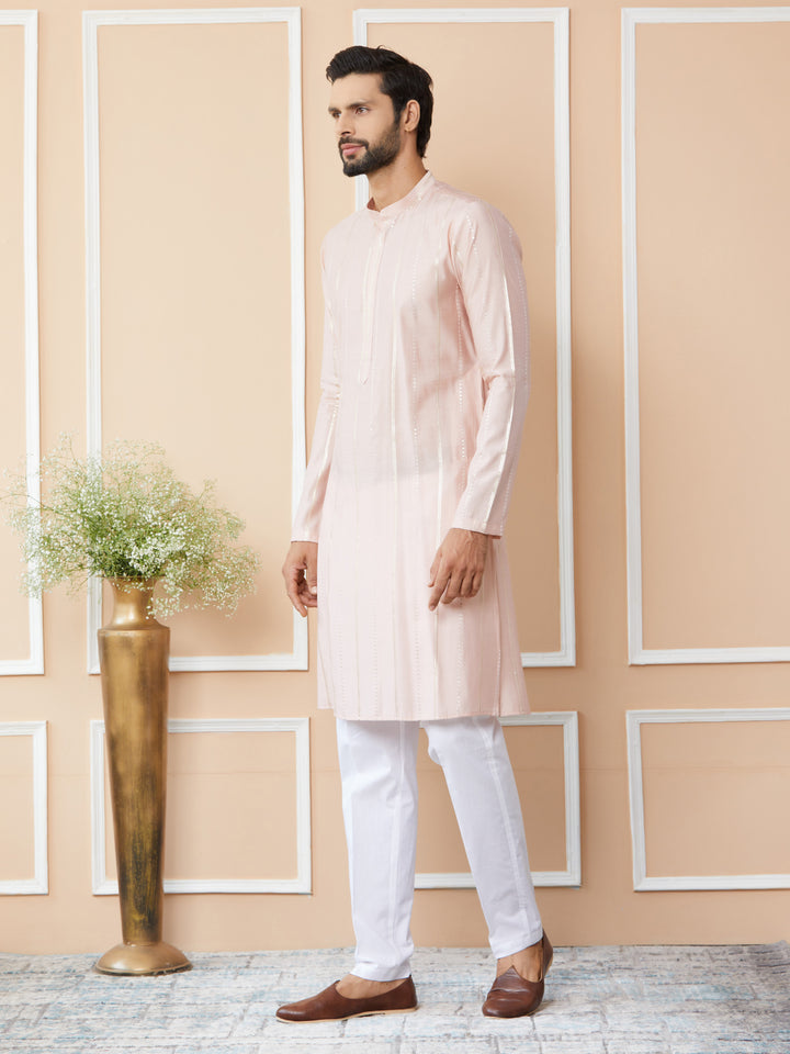 Light Pink Sequins Embroidered Pure Chanderi Silk Straight Kurta