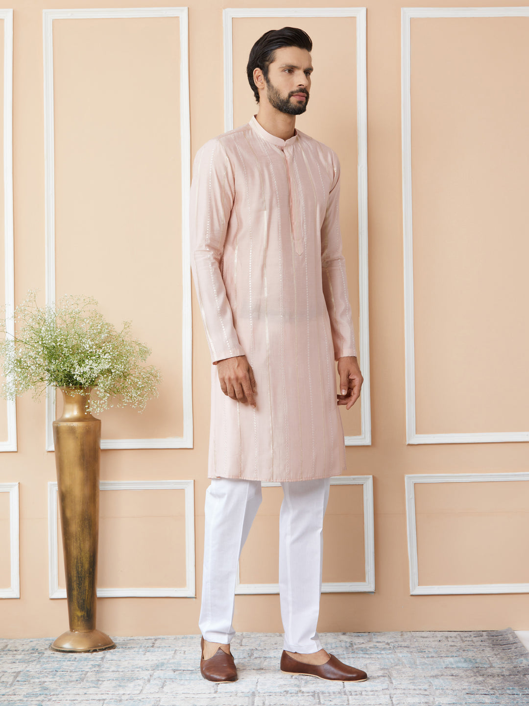 Light Pink Sequins Embroidered Pure Chanderi Silk Straight Kurta