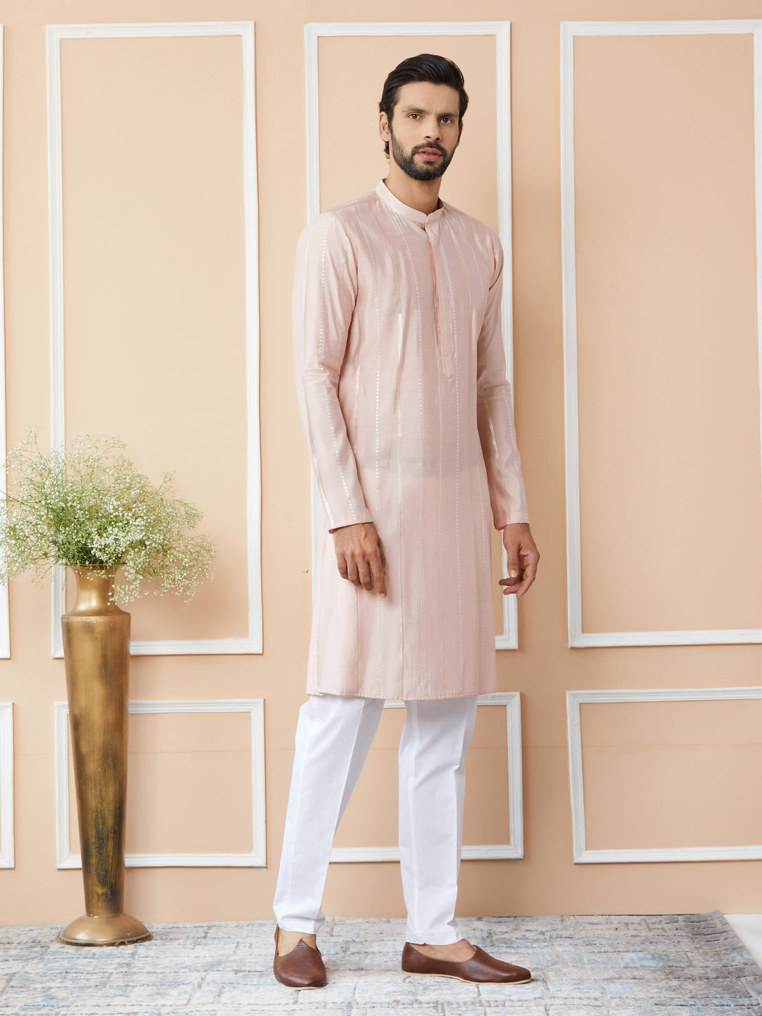 Light Pink Sequins Embroidered Pure Chanderi Silk Straight Kurta