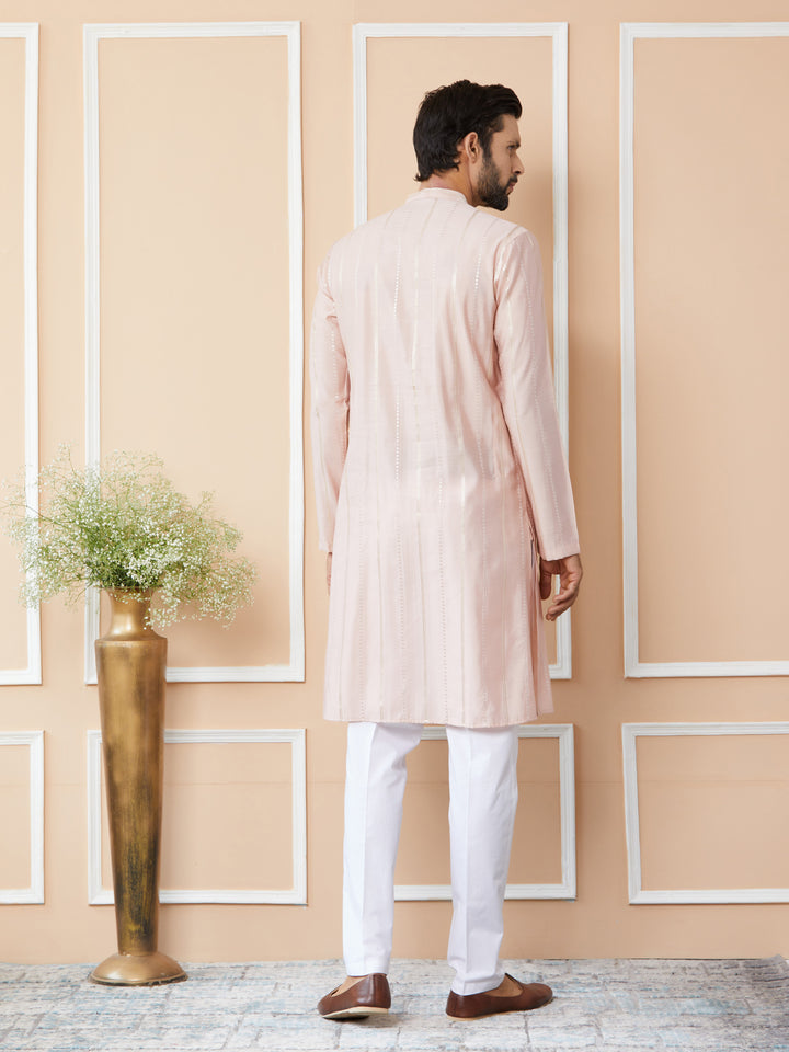 Light Pink Sequins Embroidered Pure Chanderi Silk Straight Kurta