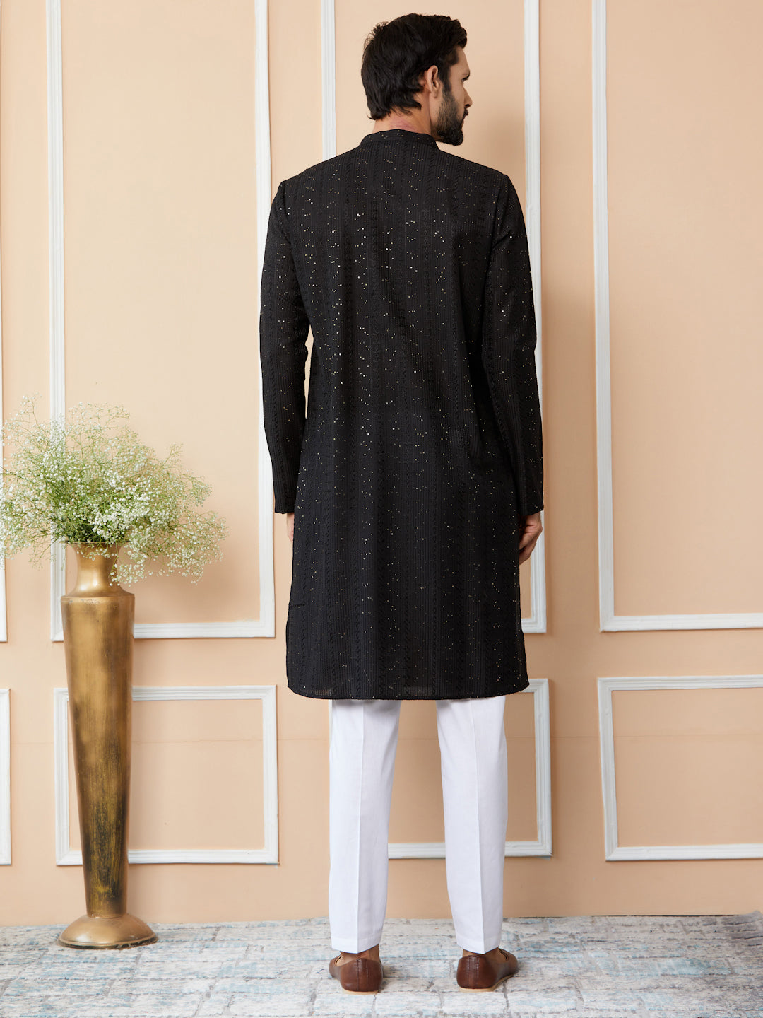 Black Embroidered Thread Work Sequinned Chanderi Silk Straight Kurta with Pyjama