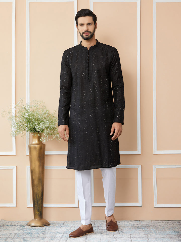 Black Embroidered Thread Work Sequinned Chanderi Silk Straight Kurta with Pyjama