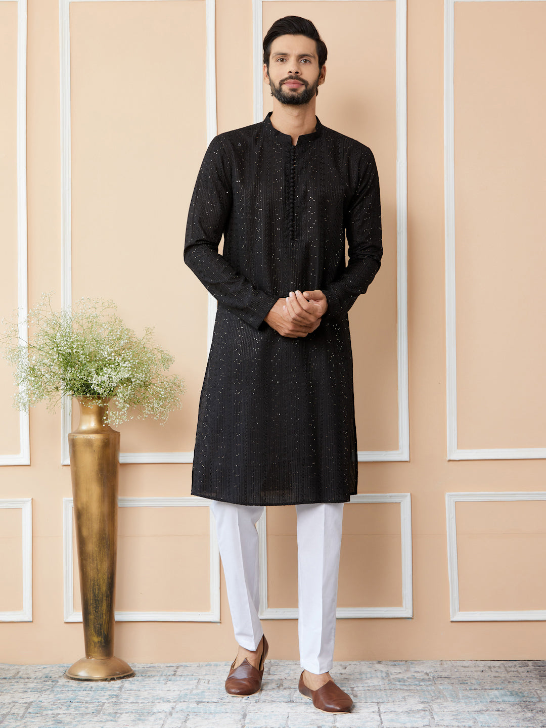 Black Embroidered Thread Work Sequinned Chanderi Silk Straight Kurta with Pyjama