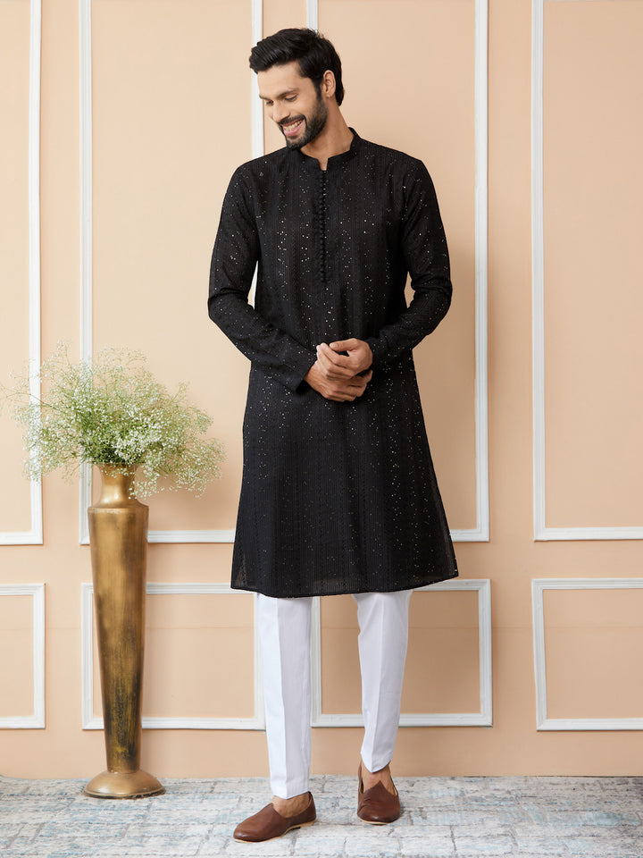 Black Embroidered Thread Work Sequinned Chanderi Silk Straight Kurta with Pyjama