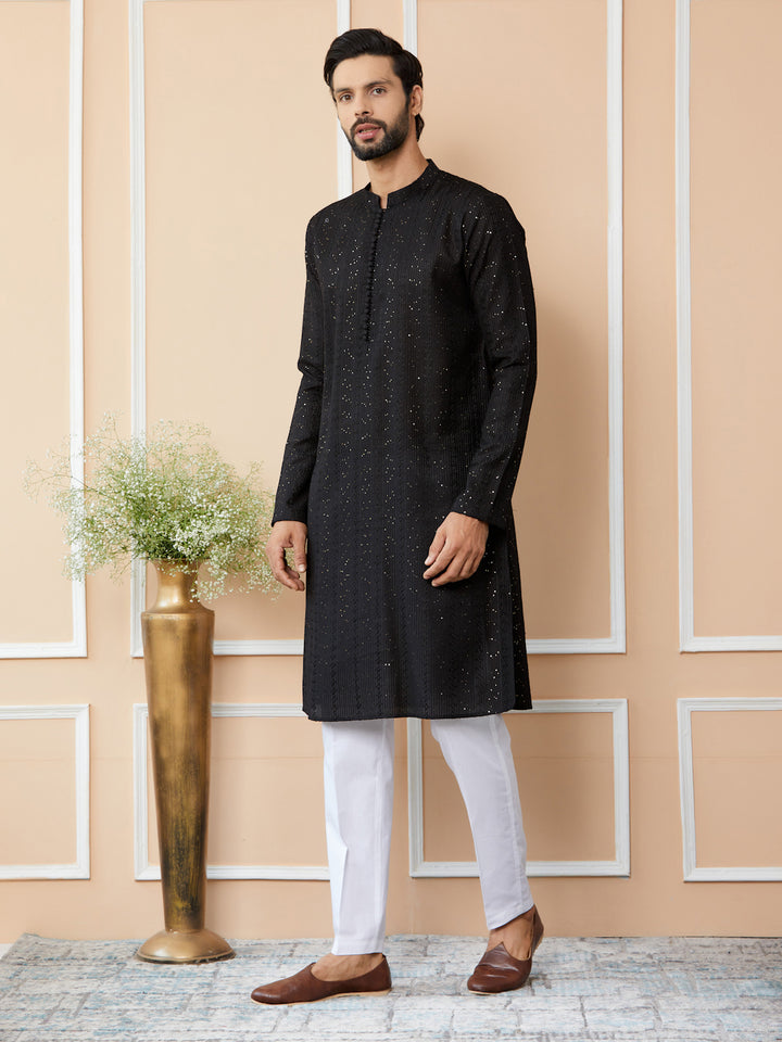 Black Embroidered Thread Work Sequinned Chanderi Silk Straight Kurta with Pyjama