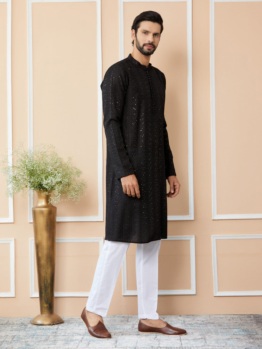 Black Embroidered Thread Work Sequinned Chanderi Silk Straight Kurta with Pyjama