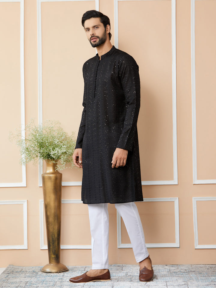 Black Embroidered Thread Work Sequinned Chanderi Silk Straight Kurta with Pyjama