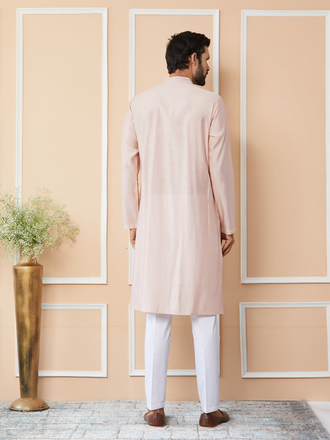 Light Pink Sequins Embroidered Pure Chanderi Silk Straight Kurta