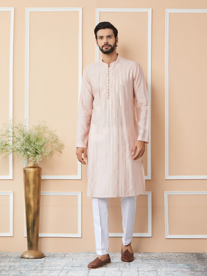 Light Pink Sequins Embroidered Pure Chanderi Silk Straight Kurta