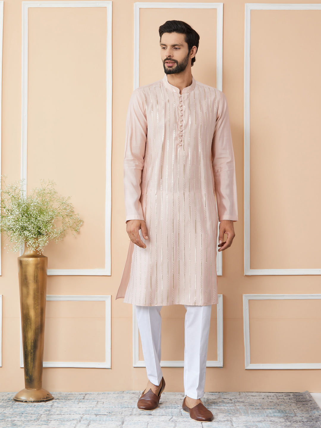 Light Pink Sequins Embroidered Pure Chanderi Silk Straight Kurta