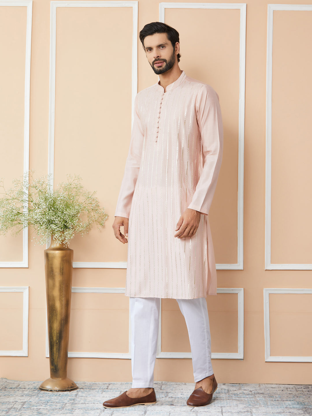 Light Pink Sequins Embroidered Pure Chanderi Silk Straight Kurta