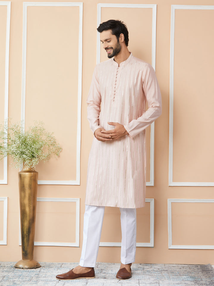 Light Pink Sequins Embroidered Pure Chanderi Silk Straight Kurta