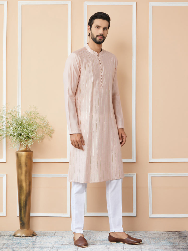 Light Pink Sequins Embroidered Pure Chanderi Silk Straight Kurta