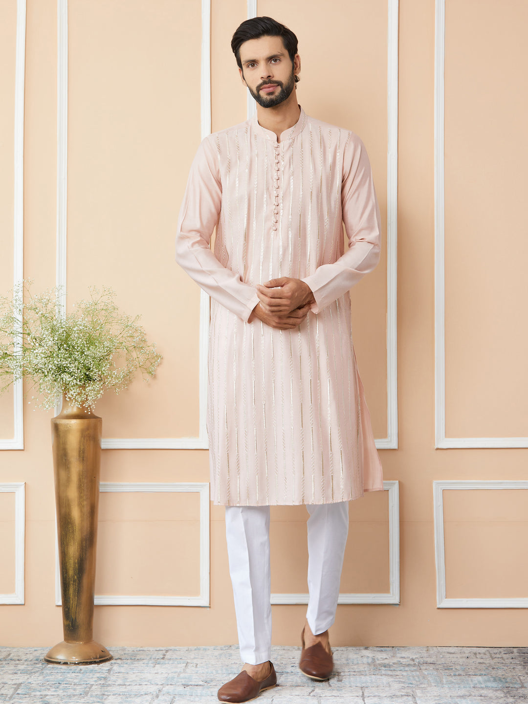 Light Pink Sequins Embroidered Pure Chanderi Silk Straight Kurta