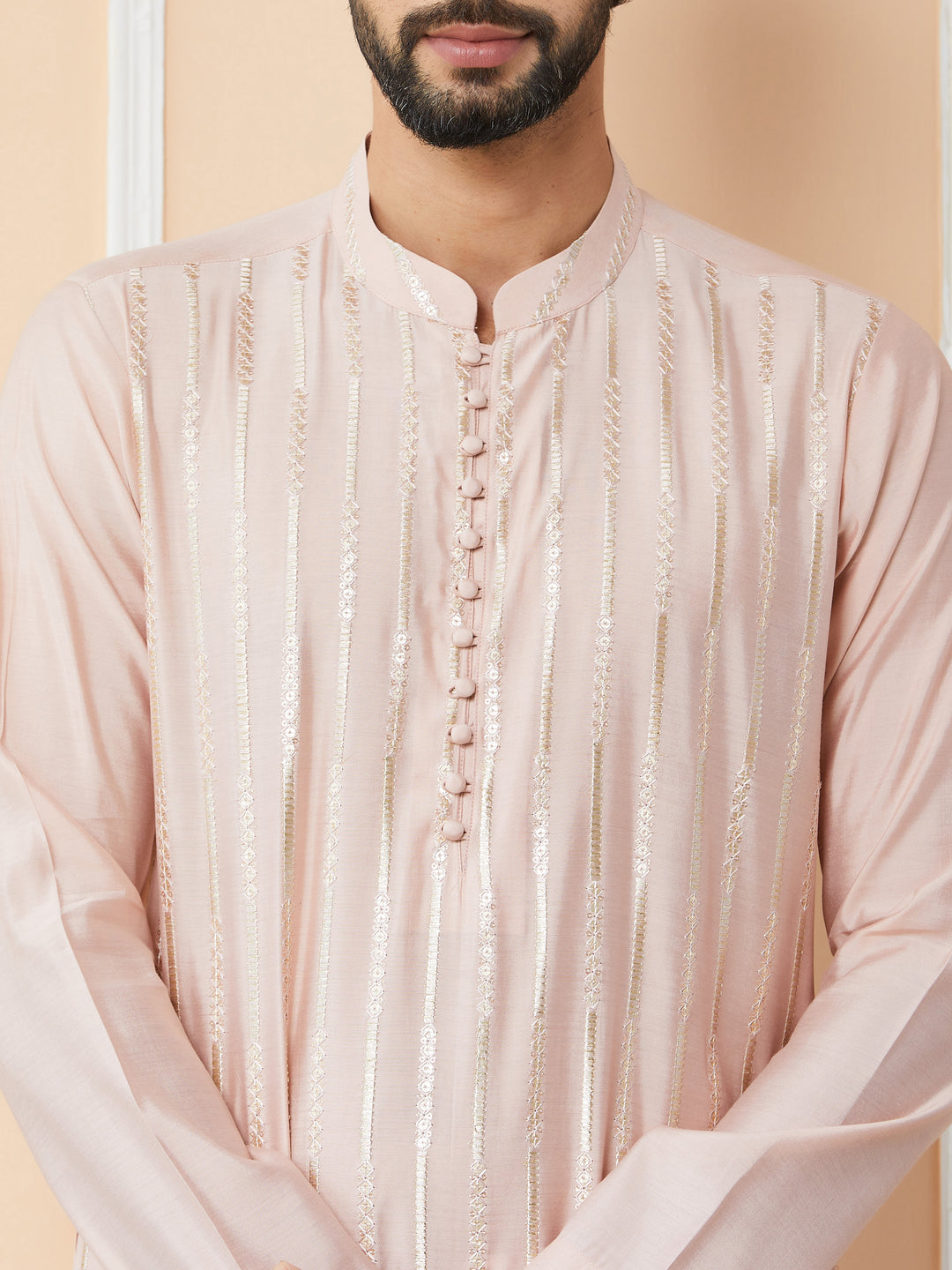 Light Pink Sequins Embroidered Pure Chanderi Silk Straight Kurta