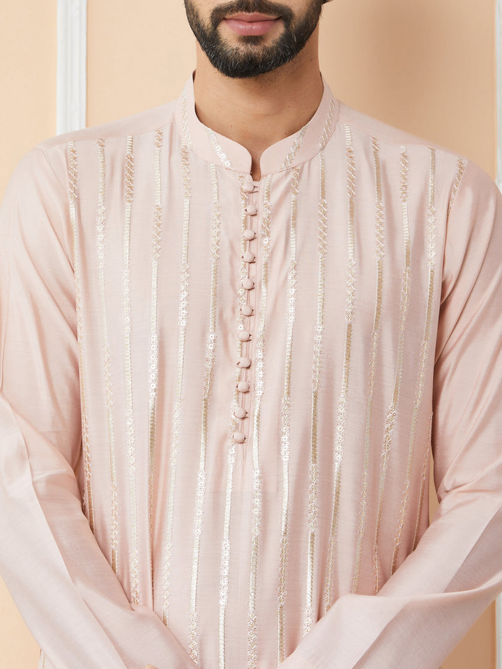 Light Pink Sequins Embroidered Pure Chanderi Silk Straight Kurta