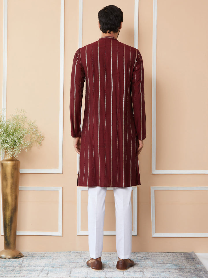 Maroon Sequins Embroidered Pure Chanderi Silk Straight Kurta