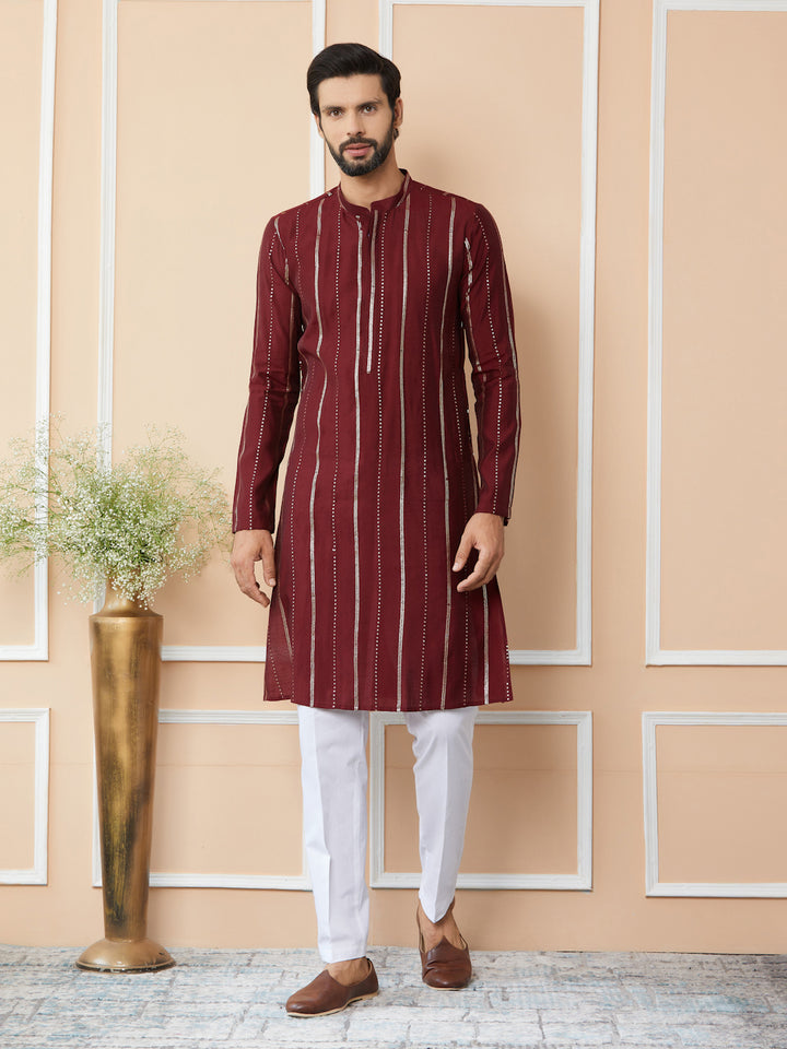 Maroon Sequins Embroidered Pure Chanderi Silk Straight Kurta