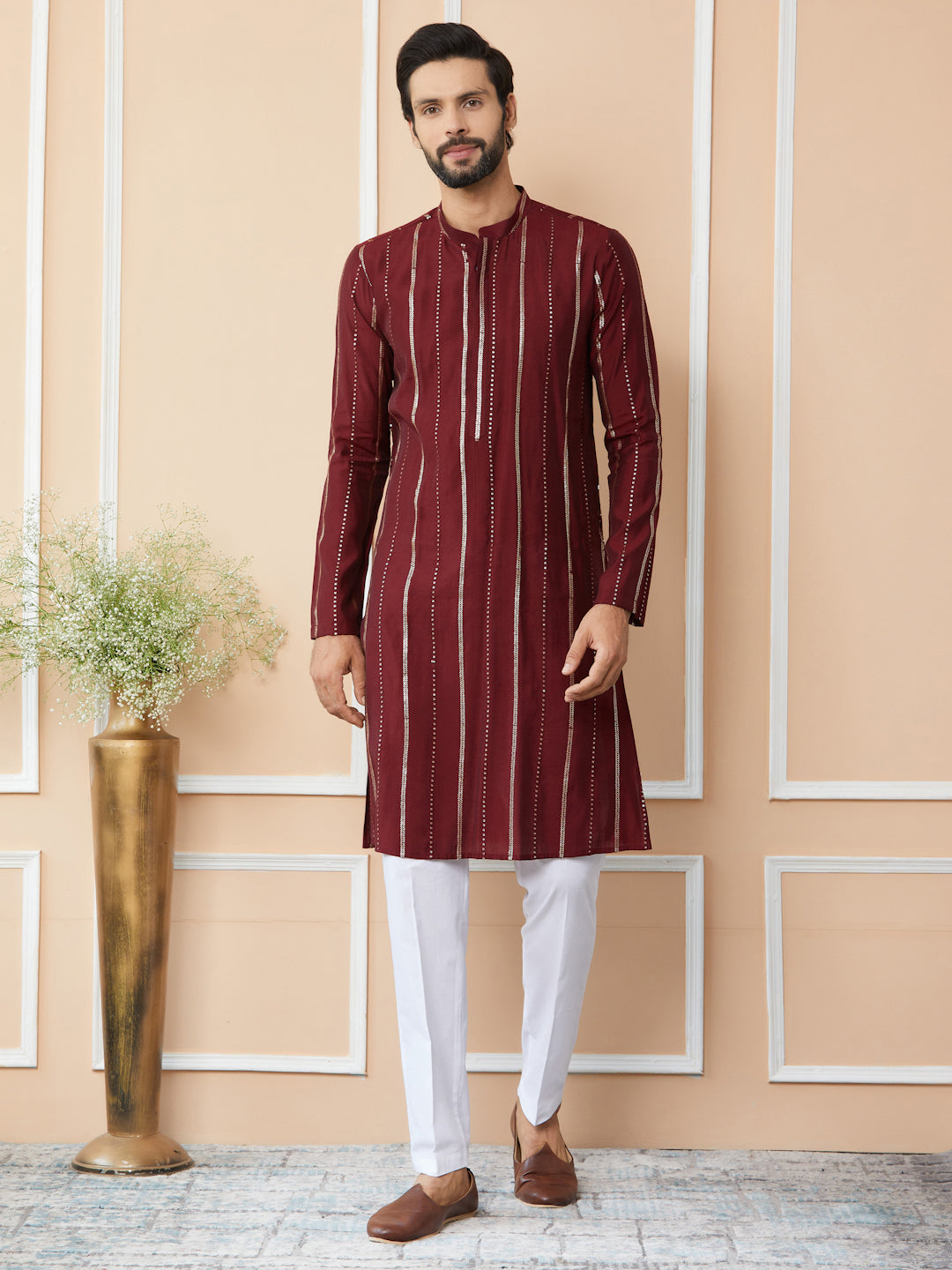 Maroon Sequins Embroidered Pure Chanderi Silk Straight Kurta