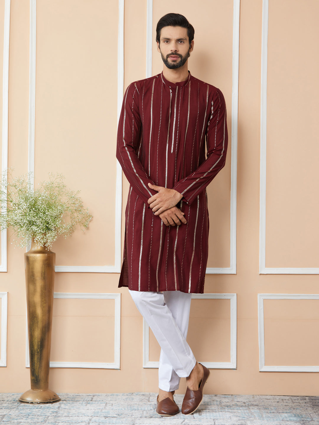 Maroon Sequins Embroidered Pure Chanderi Silk Straight Kurta