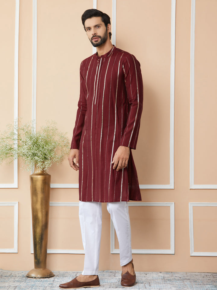 Maroon Sequins Embroidered Pure Chanderi Silk Straight Kurta