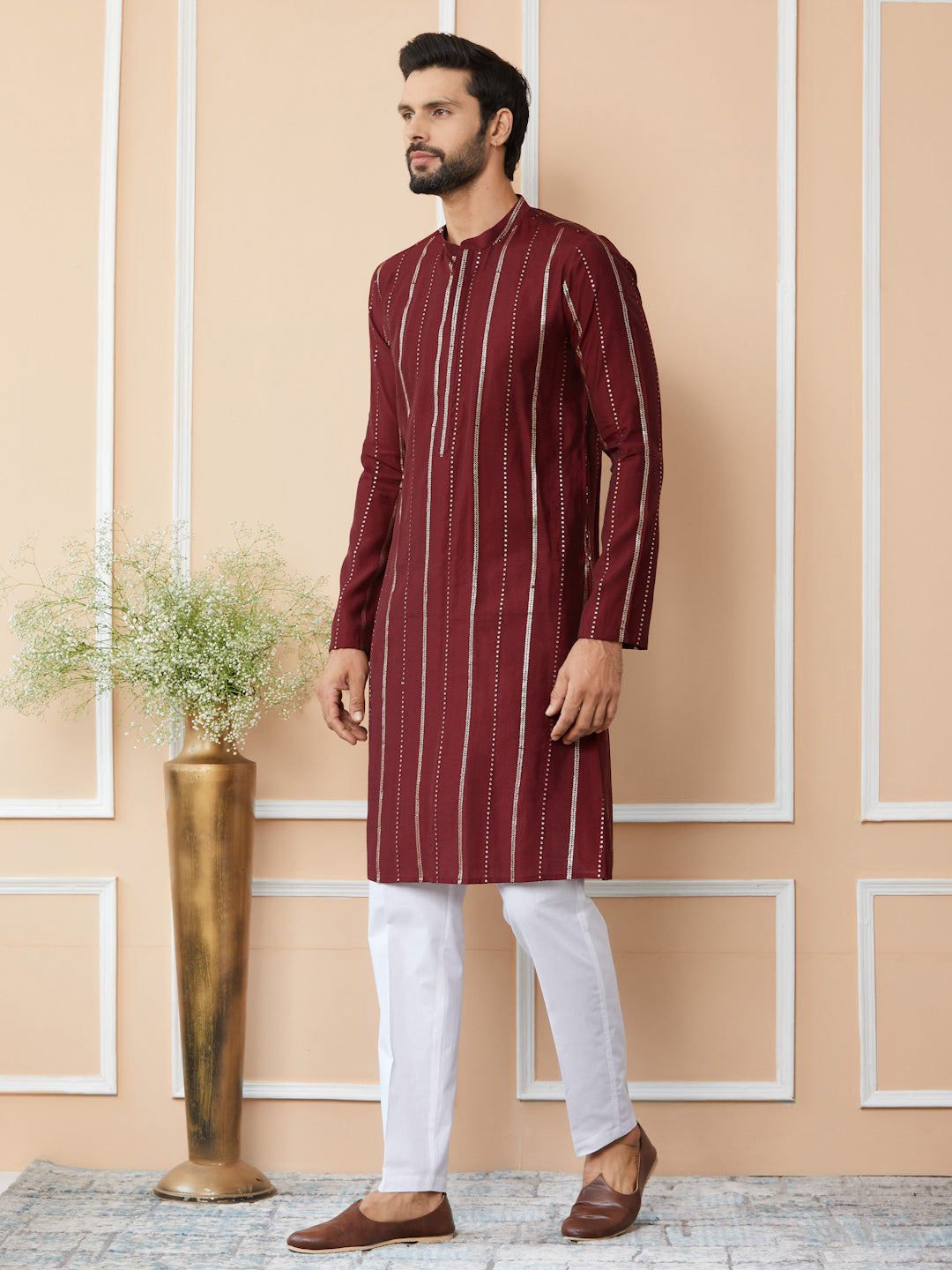 Maroon Sequins Embroidered Pure Chanderi Silk Straight Kurta