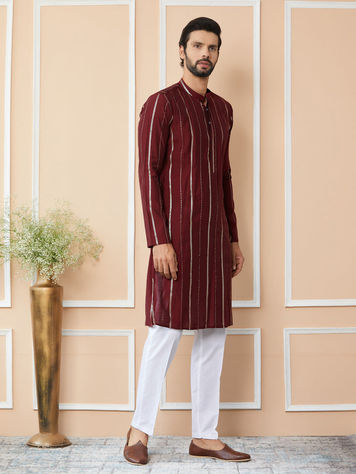 Maroon Sequins Embroidered Pure Chanderi Silk Straight Kurta