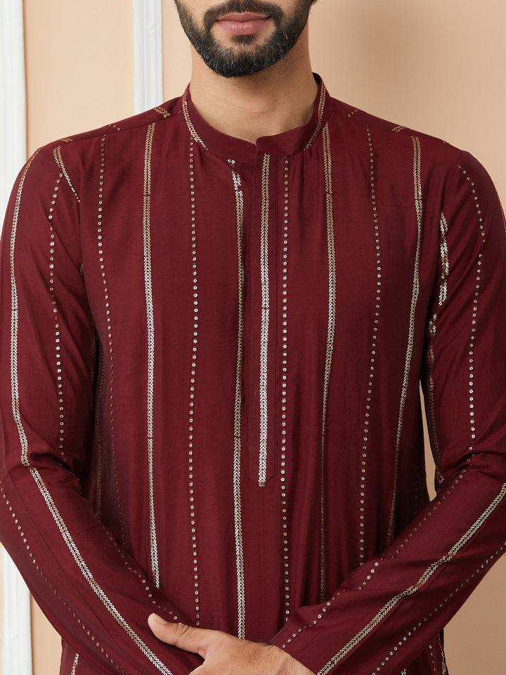 Maroon Sequins Embroidered Pure Chanderi Silk Straight Kurta