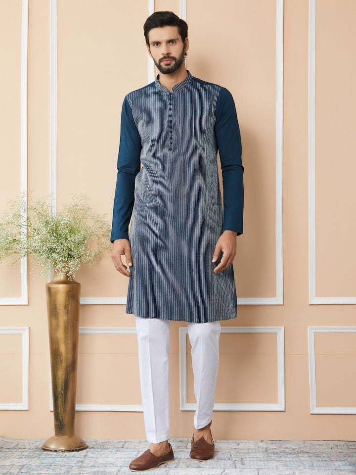 Dark Blue Thread Worked Pure Cotton Straight Kurta