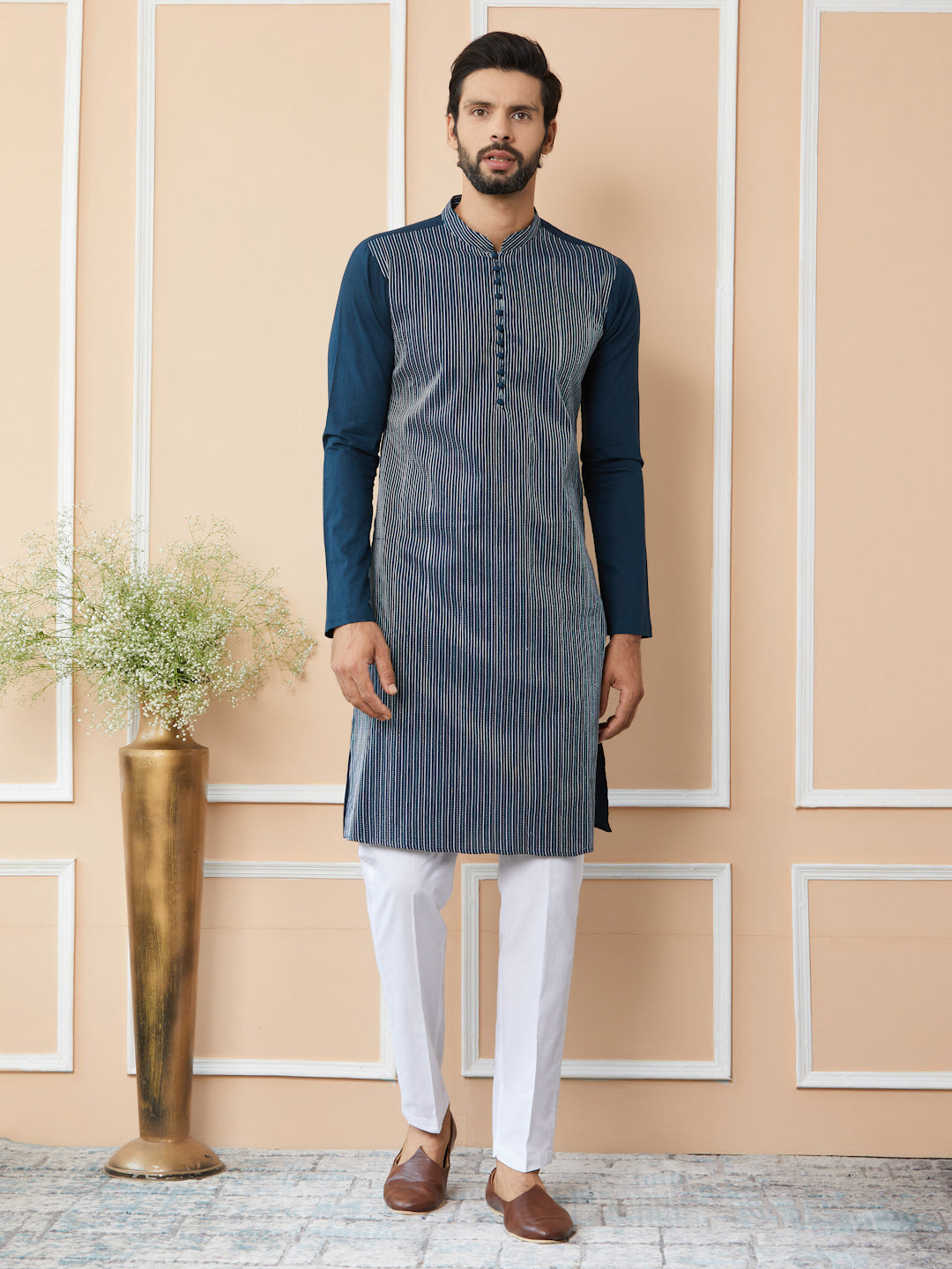 Dark Blue Thread Worked Pure Cotton Straight Kurta