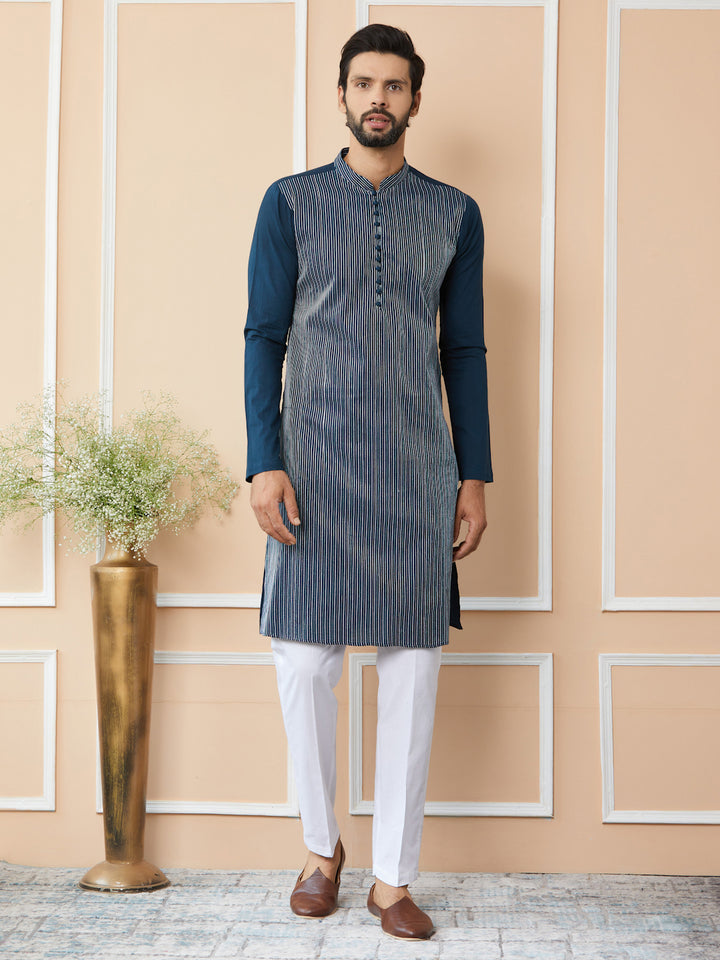 Dark Blue Thread Worked Pure Cotton Straight Kurta with Pyjama