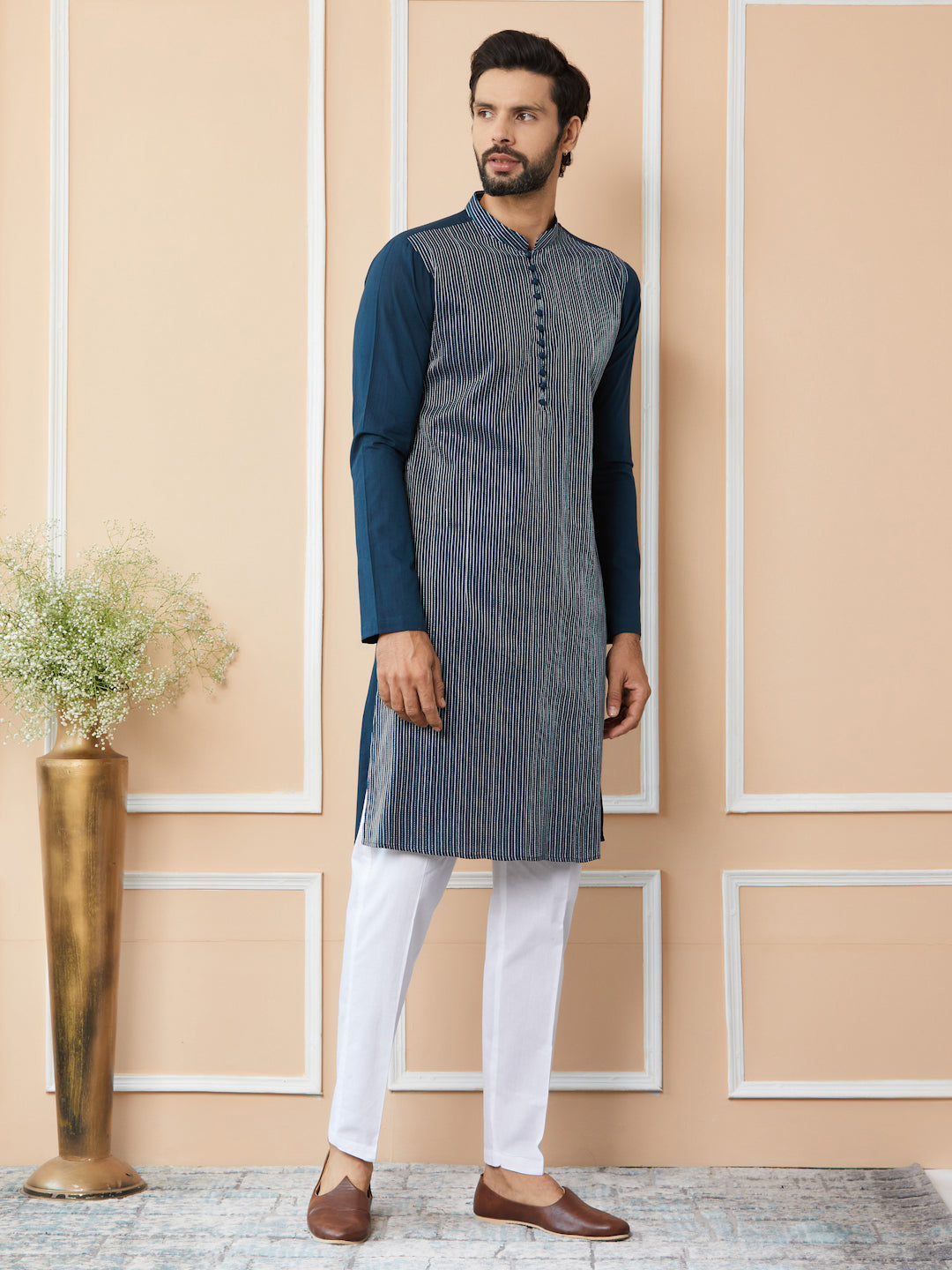 Dark Blue Thread Worked Pure Cotton Straight Kurta