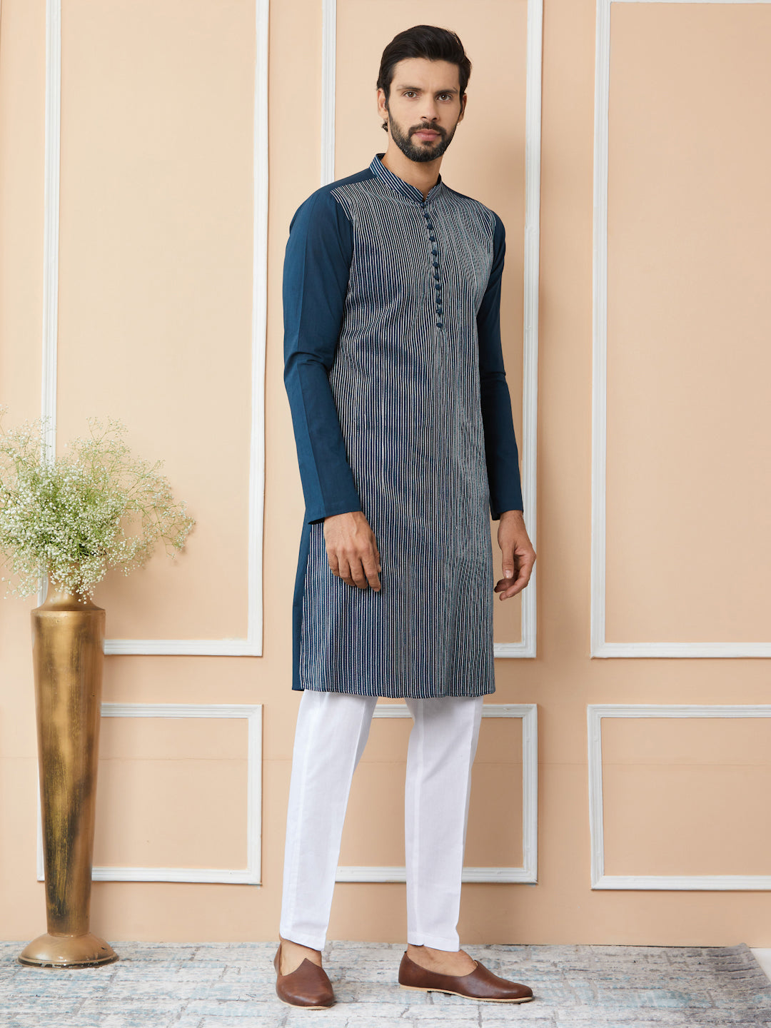 Dark Blue Thread Worked Pure Cotton Straight Kurta