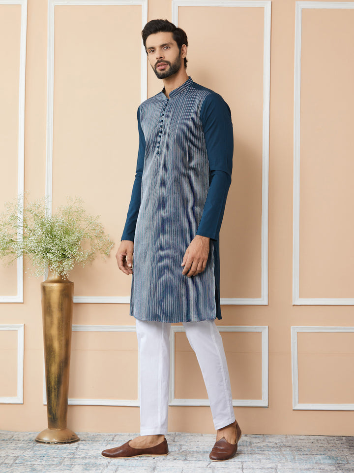 Dark Blue Thread Worked Pure Cotton Straight Kurta