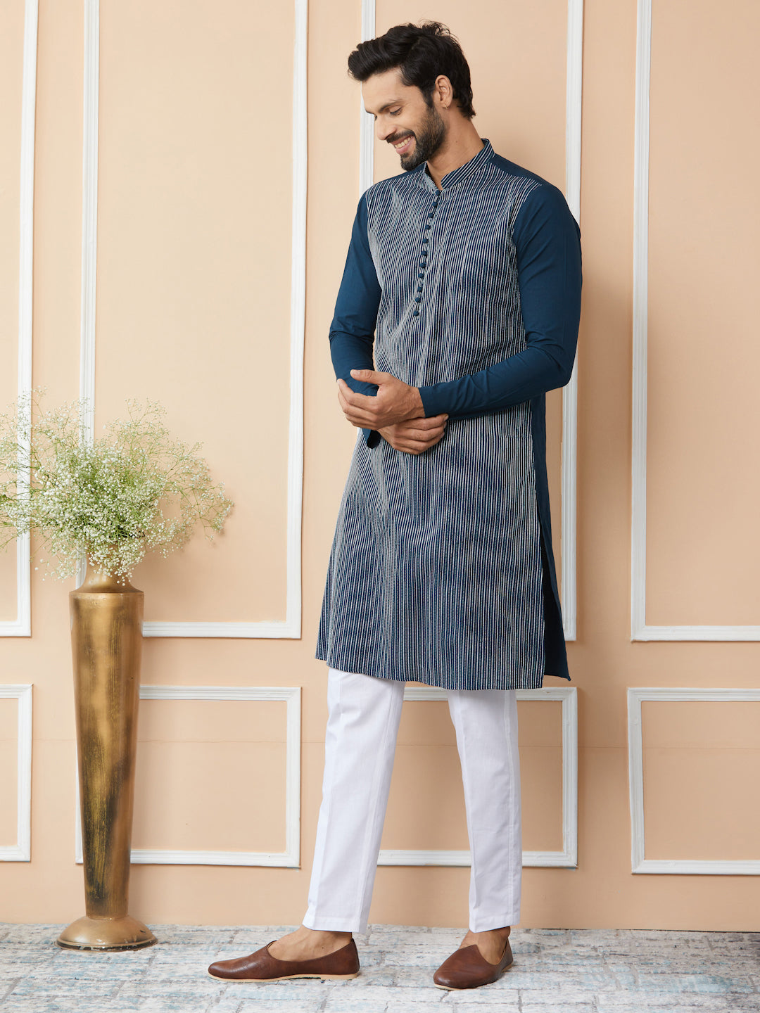 Dark Blue Thread Worked Pure Cotton Straight Kurta