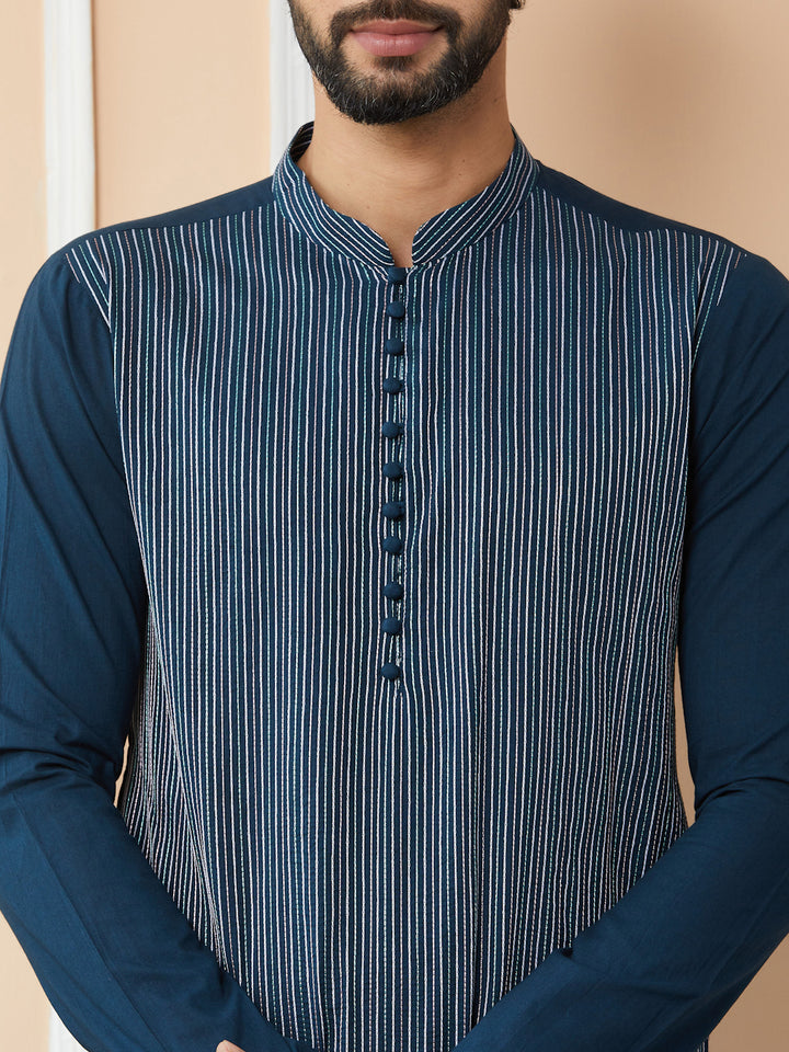 Dark Blue Thread Worked Pure Cotton Straight Kurta