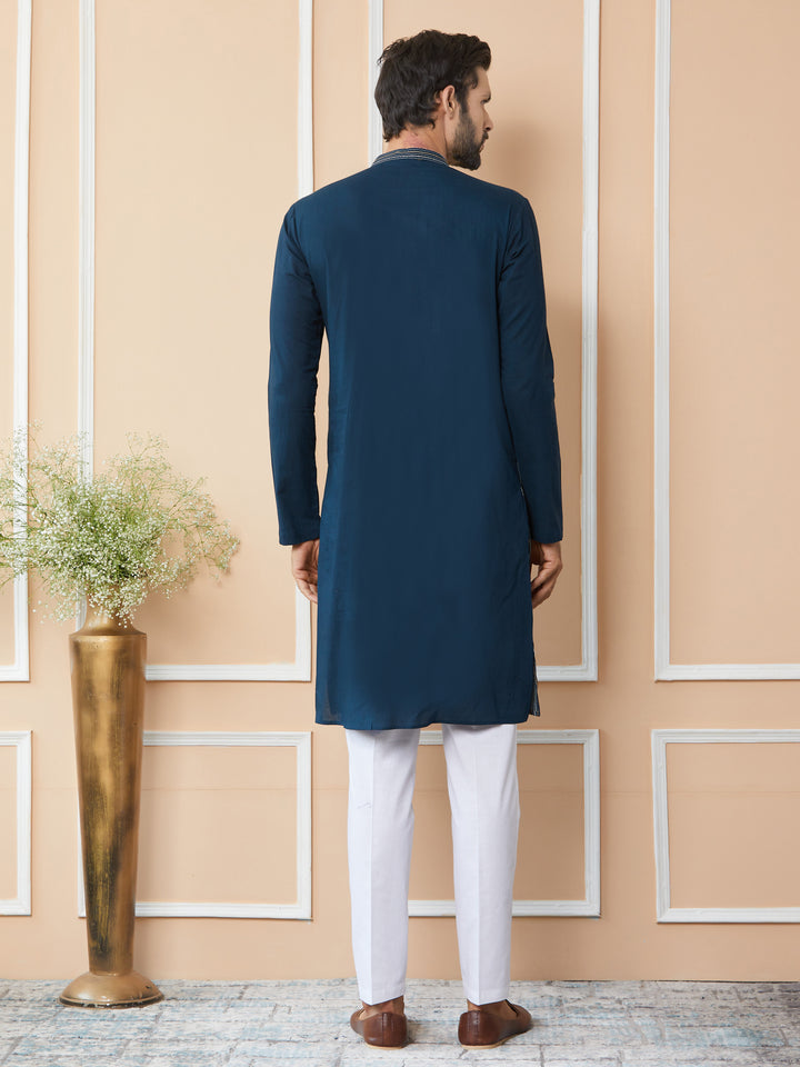 Dark Blue Thread & Sequin Worked Pure Cotton Straight Kurta