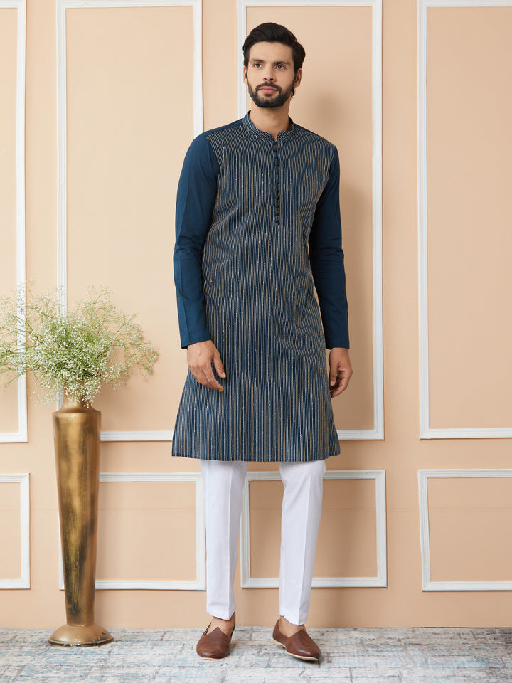 Dark Blue Thread & Sequin Worked Pure Cotton Straight Kurta