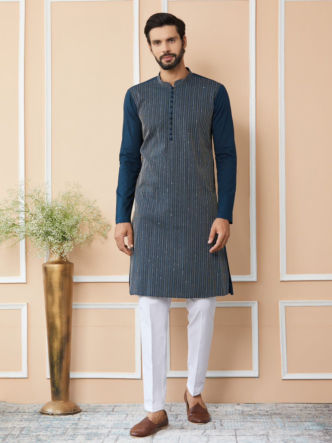 Dark Blue Thread & Sequin Worked Pure Cotton Straight Kurta