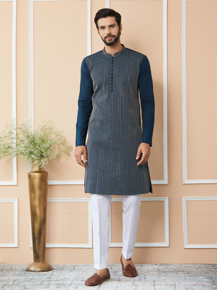 Dark Blue Thread & Sequin Worked Pure Cotton Straight Kurta