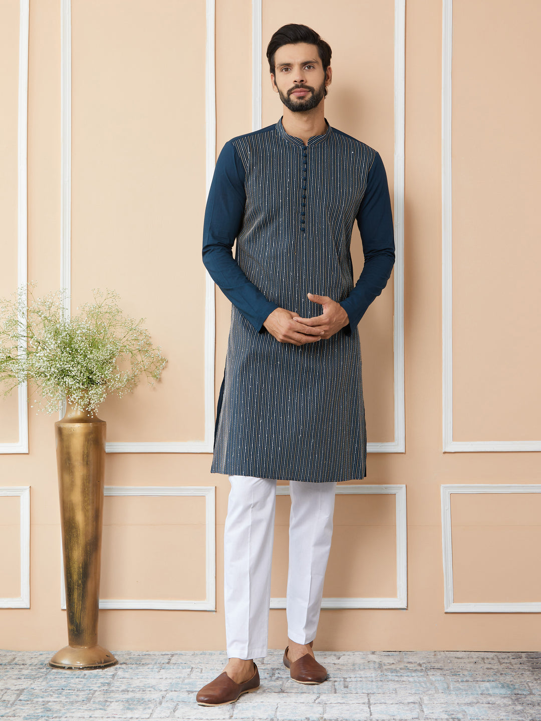 Dark Blue Thread & Sequin Worked Pure Cotton Straight Kurta