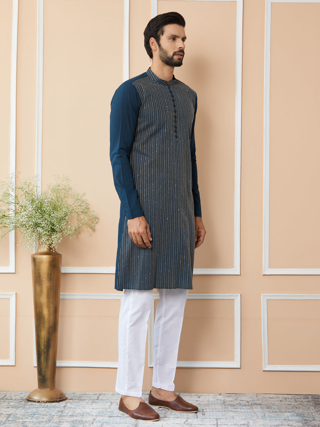 Dark Blue Thread & Sequin Worked Pure Cotton Straight Kurta