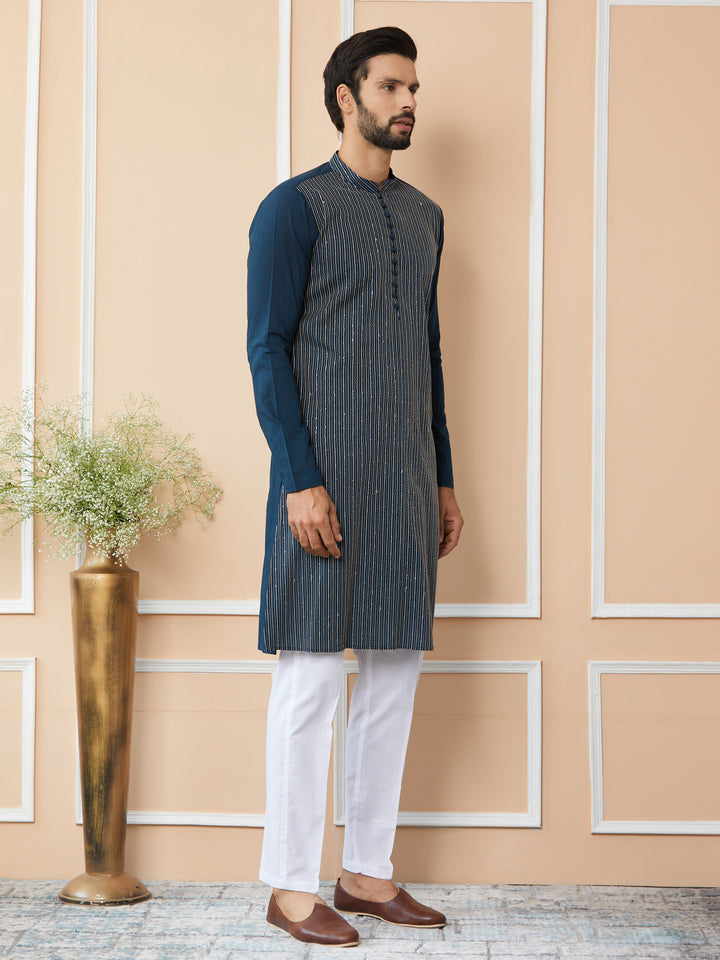 Dark Blue Thread & Sequin Worked Pure Cotton Straight Kurta