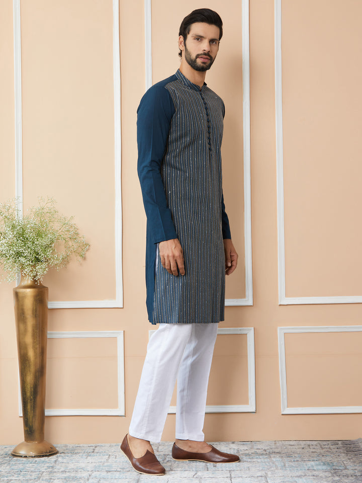 Dark Blue Thread & Sequin Worked Pure Cotton Straight Kurta