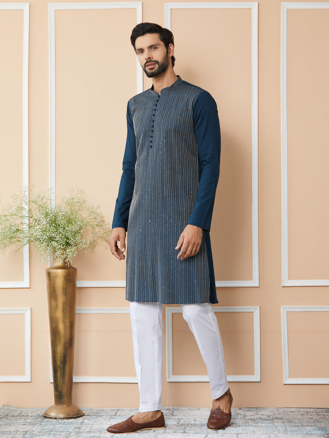 Dark Blue Thread & Sequin Worked Pure Cotton Straight Kurta